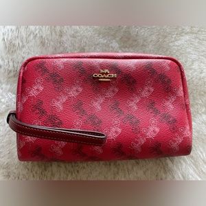 COACH Cherry Red Horse & Carriage Print Boxy Cosmetic Pouch Makeup Bag Wristlet